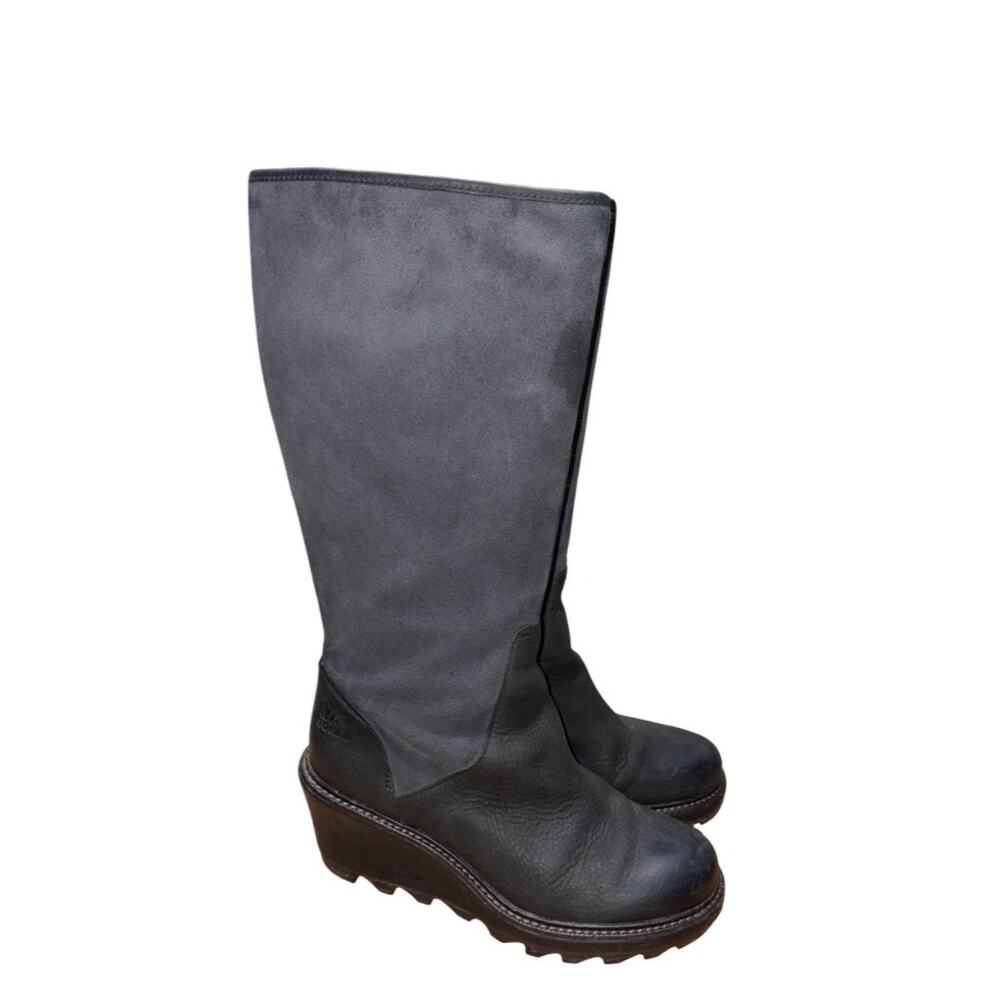 SOREL Five Kettle Leather Black Gray Wedge Tall Boots   Size: US 8